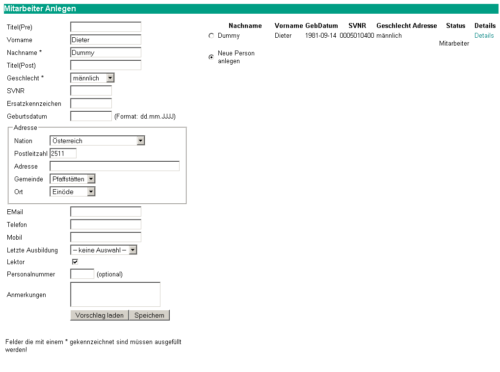 Eingabemaske MitarbeiterInnen