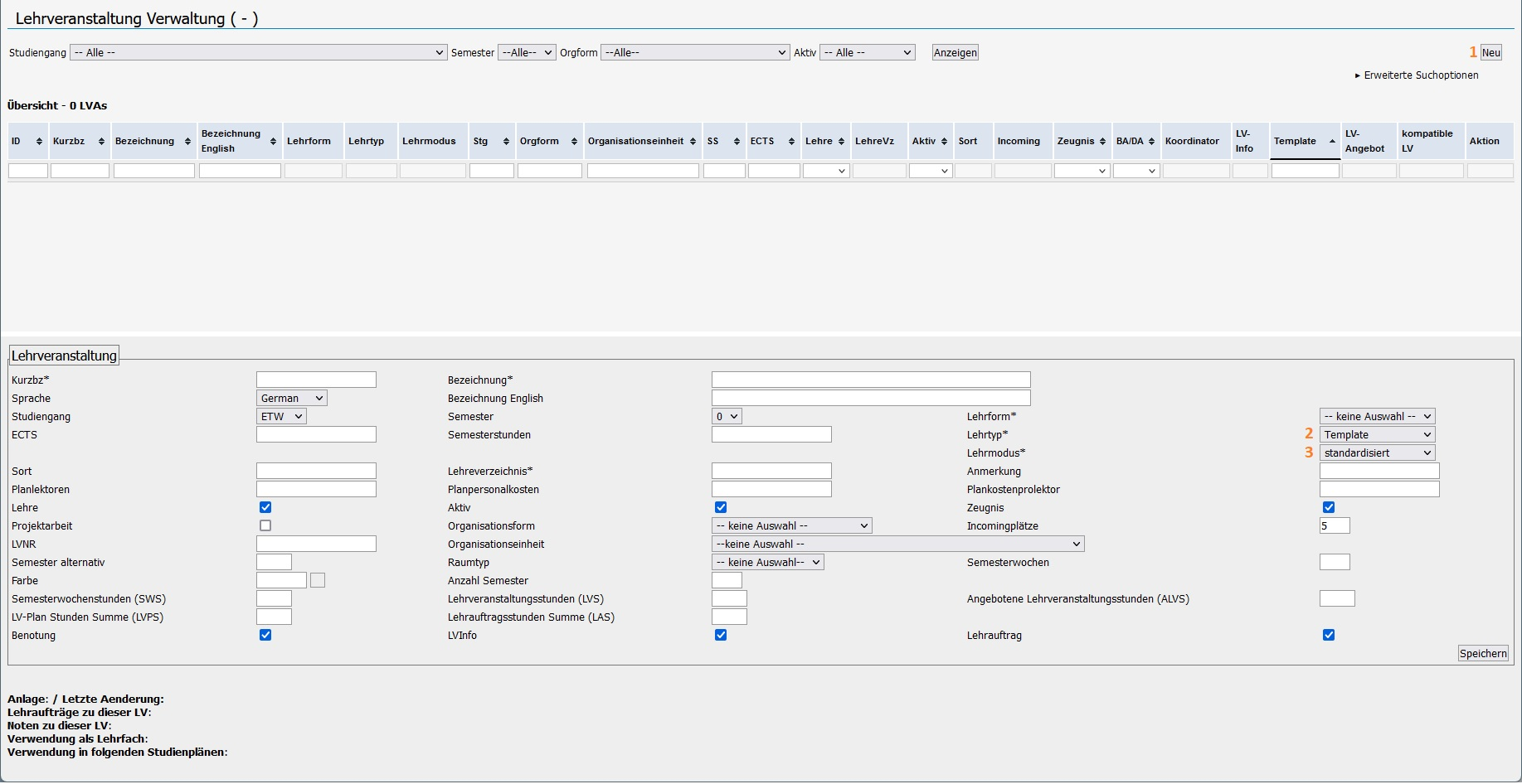 Eingabemaske LV-Administration (Template erstellen)