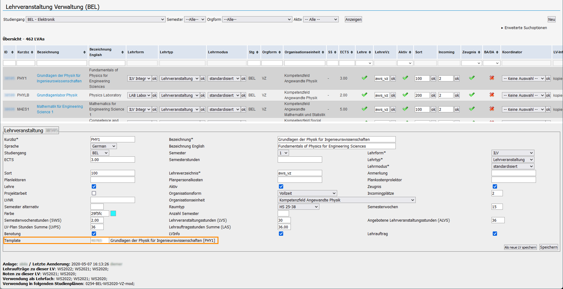 Eingabemaske LV-Administration (Feld "Template")