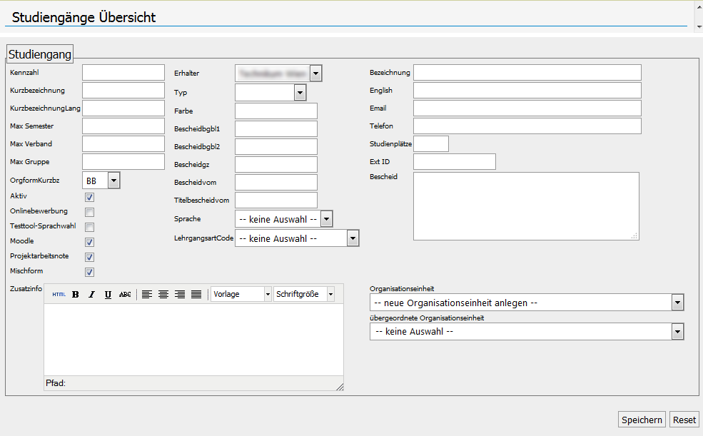 Eingabemaske Studiengang